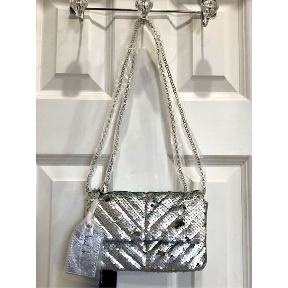 NICOLE MILLER - NWT - Silver Sequined & Vegan Leather Evening Bag. SPARKLY! ♥️ - Picture 6 of 16